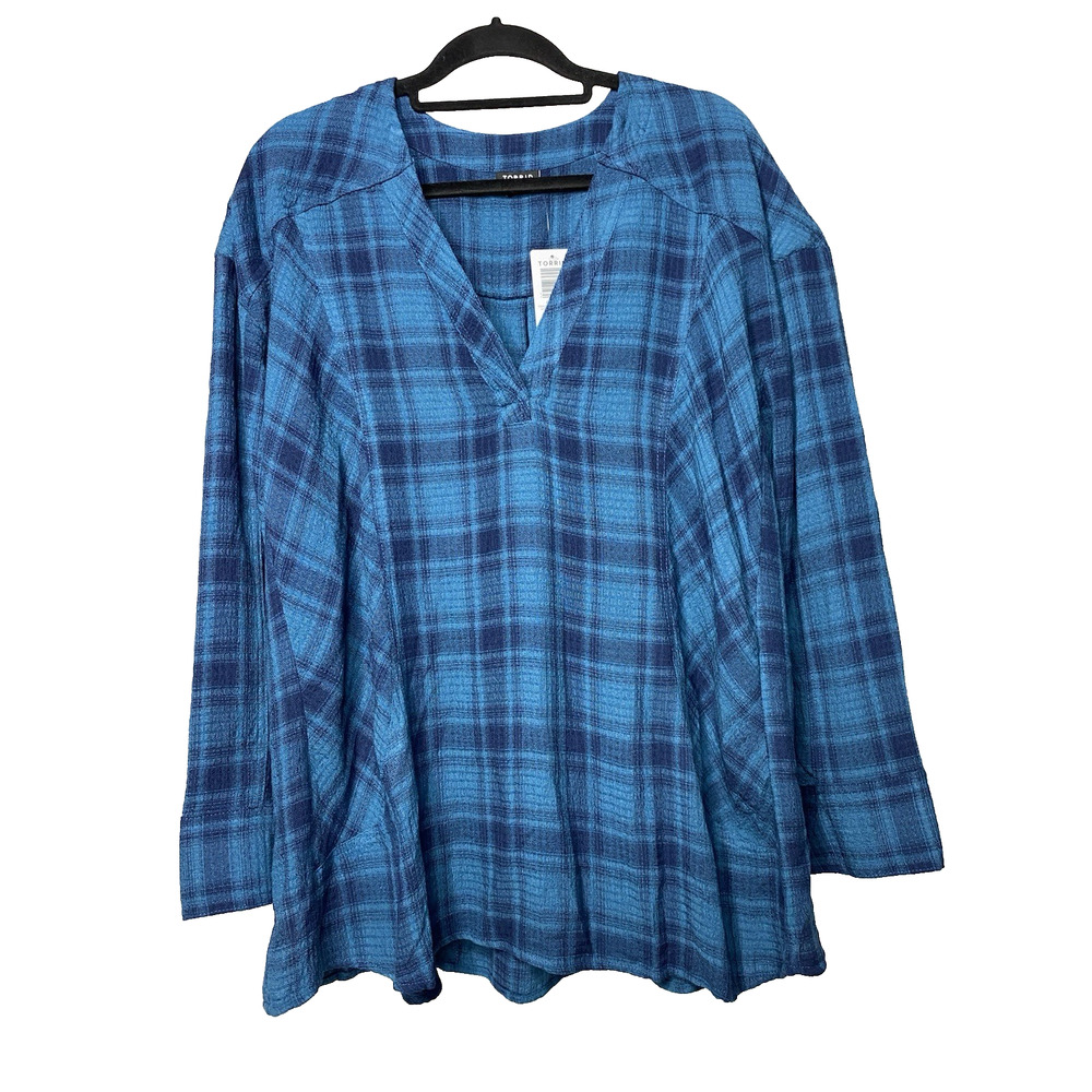 Torrid Crinkle Flannel Gauze Relaxed Tunic Top Women's 1 1X Blue Plaid NWT NEW